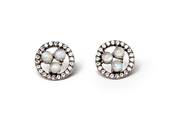 Three-Stone Iridescent Moonstone Earrings