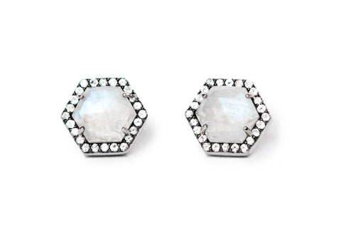 Blue Iridescent Moonstone Hexagon Earrings